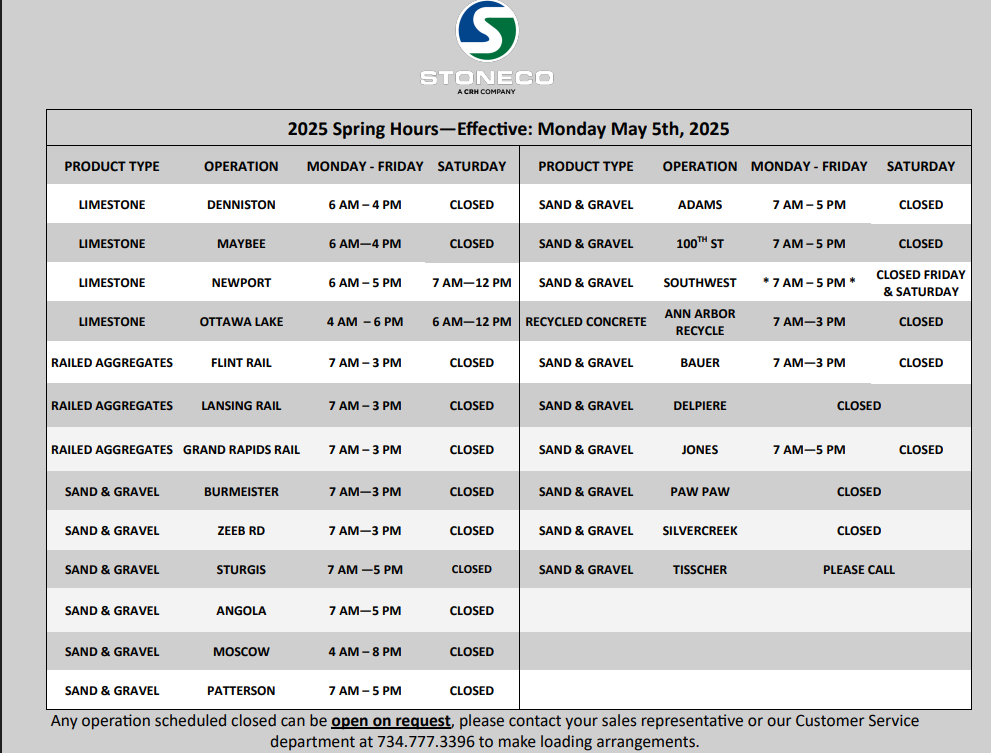 Updated Hours of Operation 5-19-25